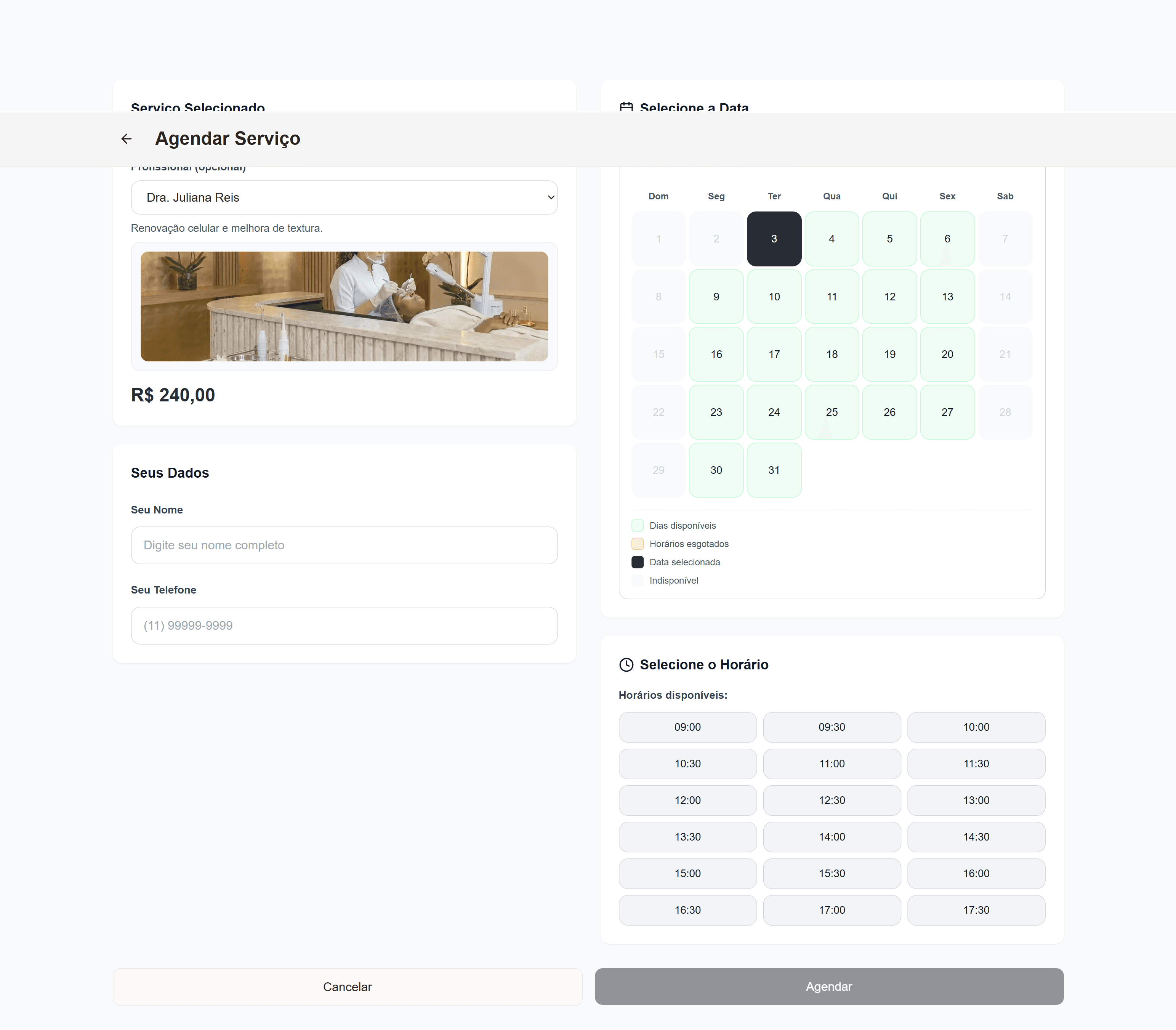 Agenda da clínica estética no Agendou