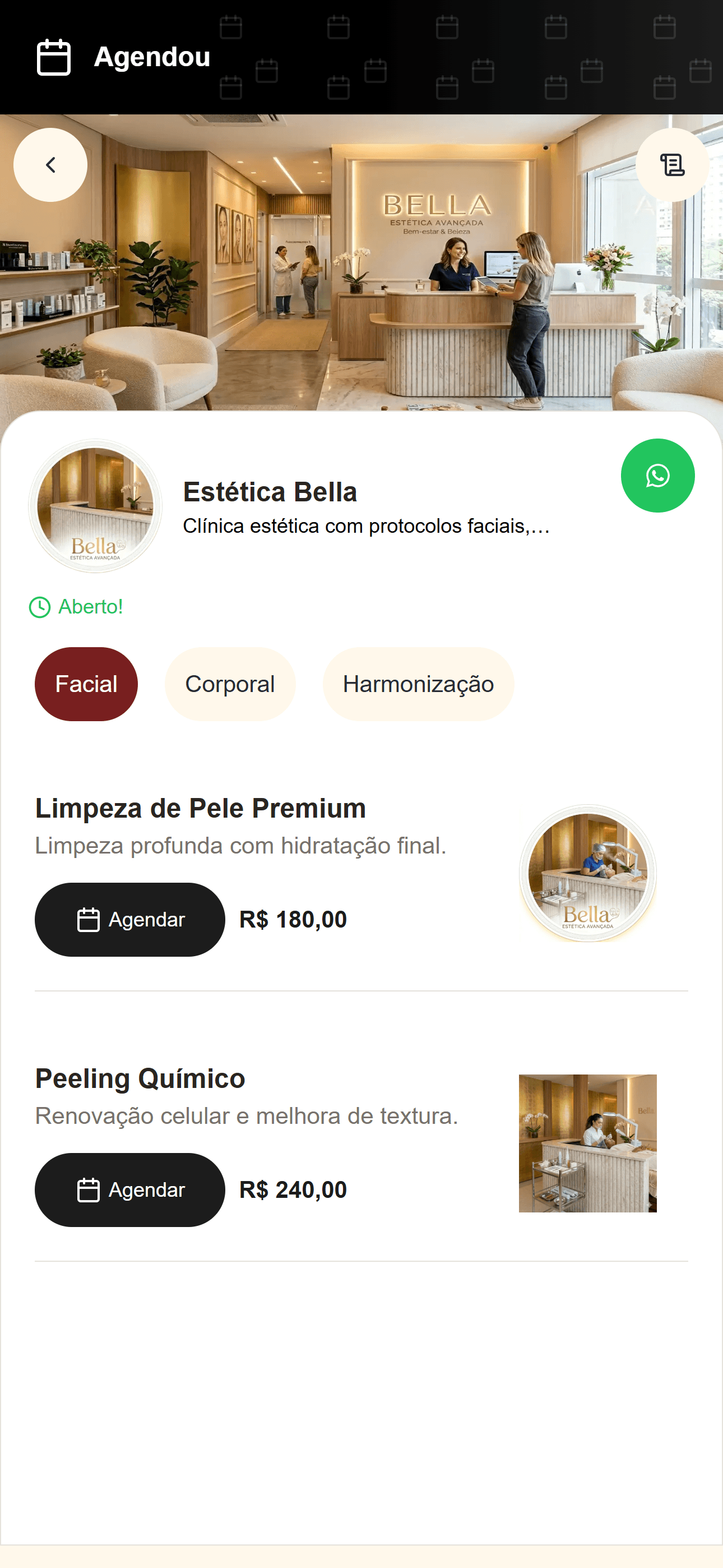 Tela da clínica estética no Agendou