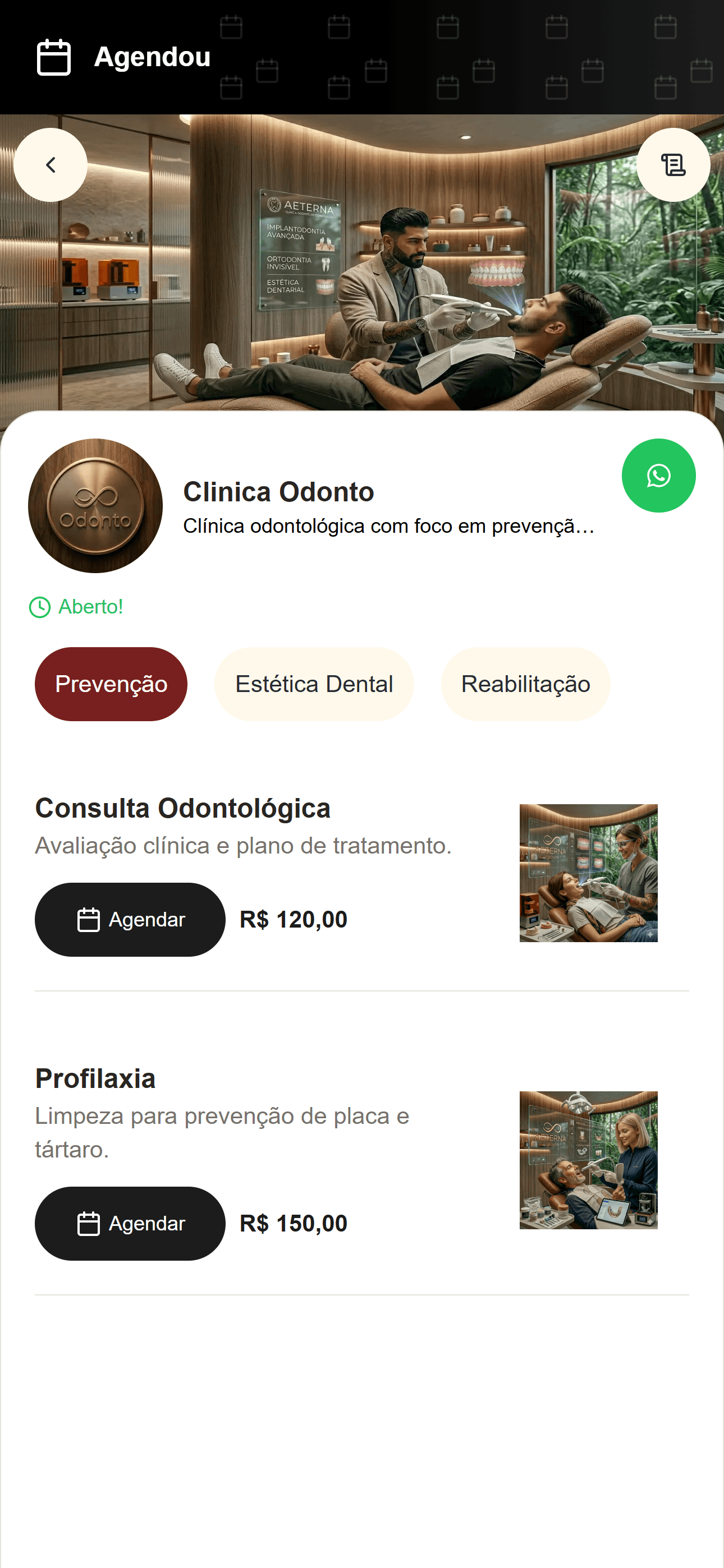 Tela da clínica odontológica no Agendou